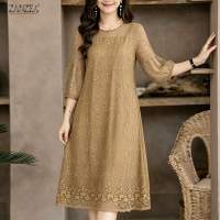 ZANZEA Korean Style Women Elegant Crew Neck Short Sleeve Dresses Lace Patchwork Solid Midi Dress #0420
