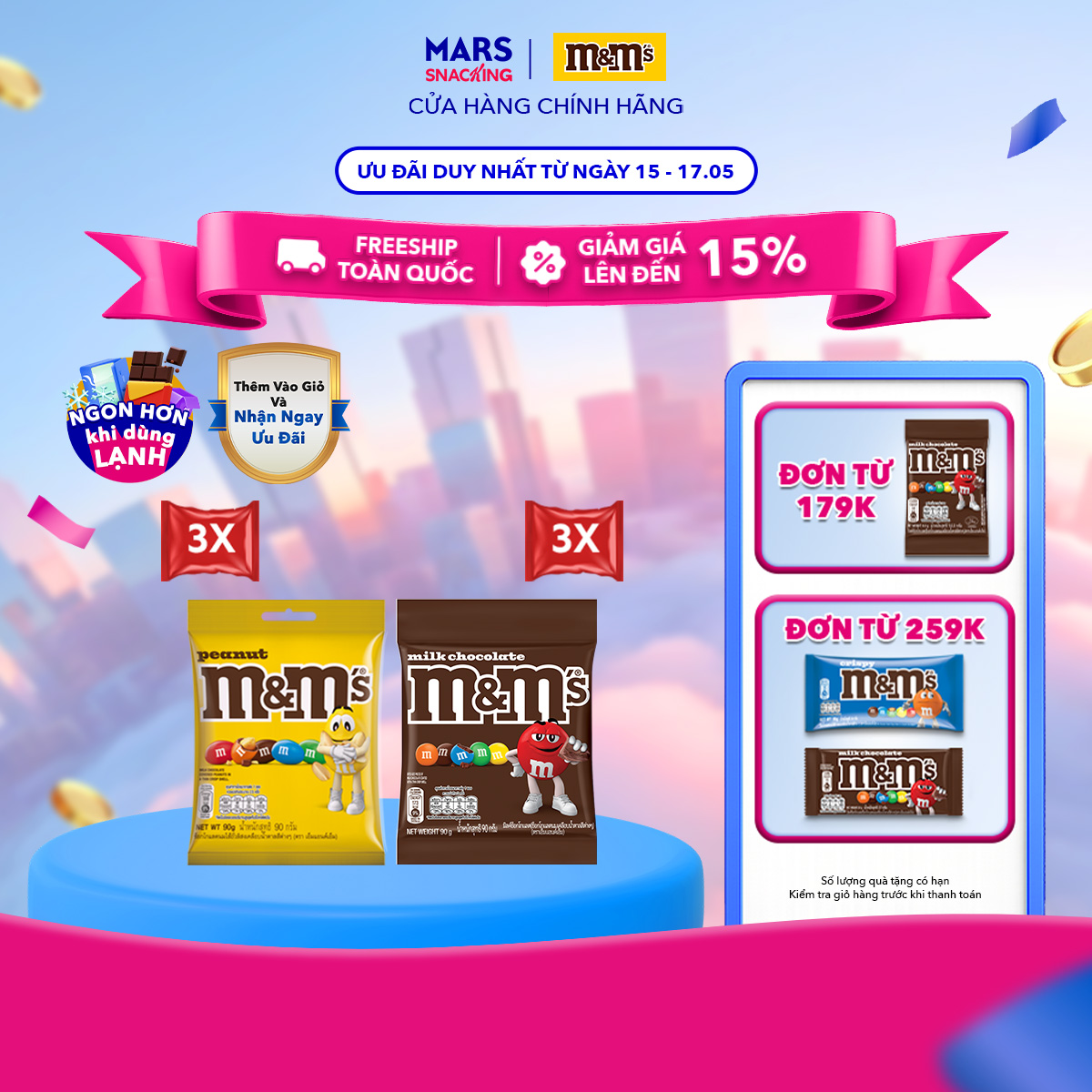 Combo 6 gói kẹo sô cô la sữa  sô cô la đậu phộng MM's 90g (90gx3 + 90gx3) socola