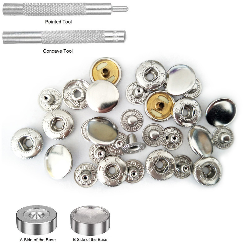 25 Set/Pack 10/12/15mm Metal Press Studs Sewing Button Snap Button Fasteners+2pcs Tools+1pc Base for Sewing Leather Craft Clothes Bags