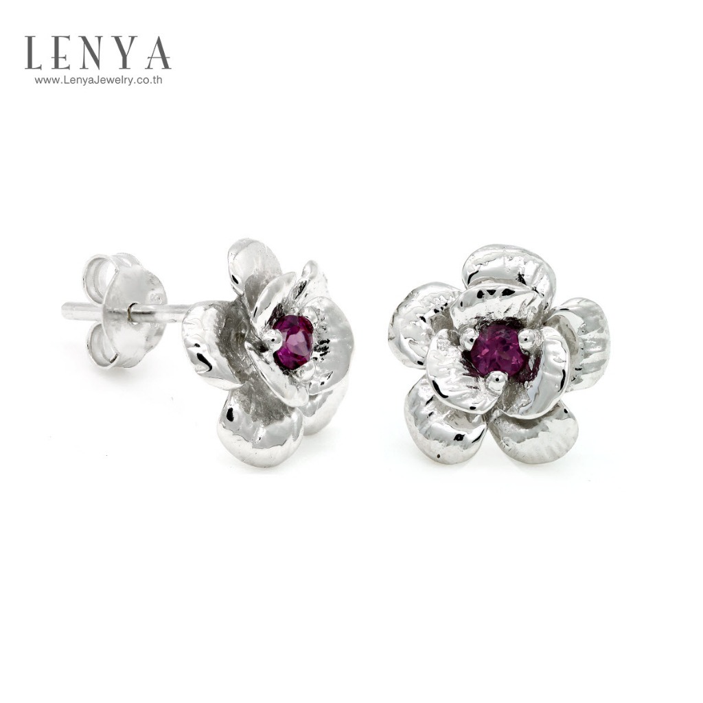 Lenya Rhodolite Gemstone Earrings Enhance Love and Relationships Size 2.5 Mm. 925 Sterling Silver Body. White Gold Plated. ราคา 1,790 บาท*ส่งฟรี
