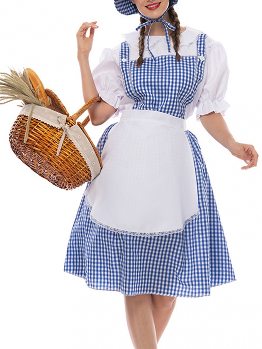 Geoerion2- Women Halloween Fairytale Costume Plaid Print Short Sleeves Dress Aprons and Bonnets Hat Set for Cosplay Party Outfits