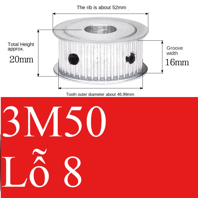 Bánh Răng Đồng Bộ 3M 50 Răng AF Guangfa - Hai Mặt Phẳng, Rãnh 16mm, Lỗ 5-30mm, Nhôm, Truyền Động Chính Xác Công Nghiệp - 16 Lỗ 8