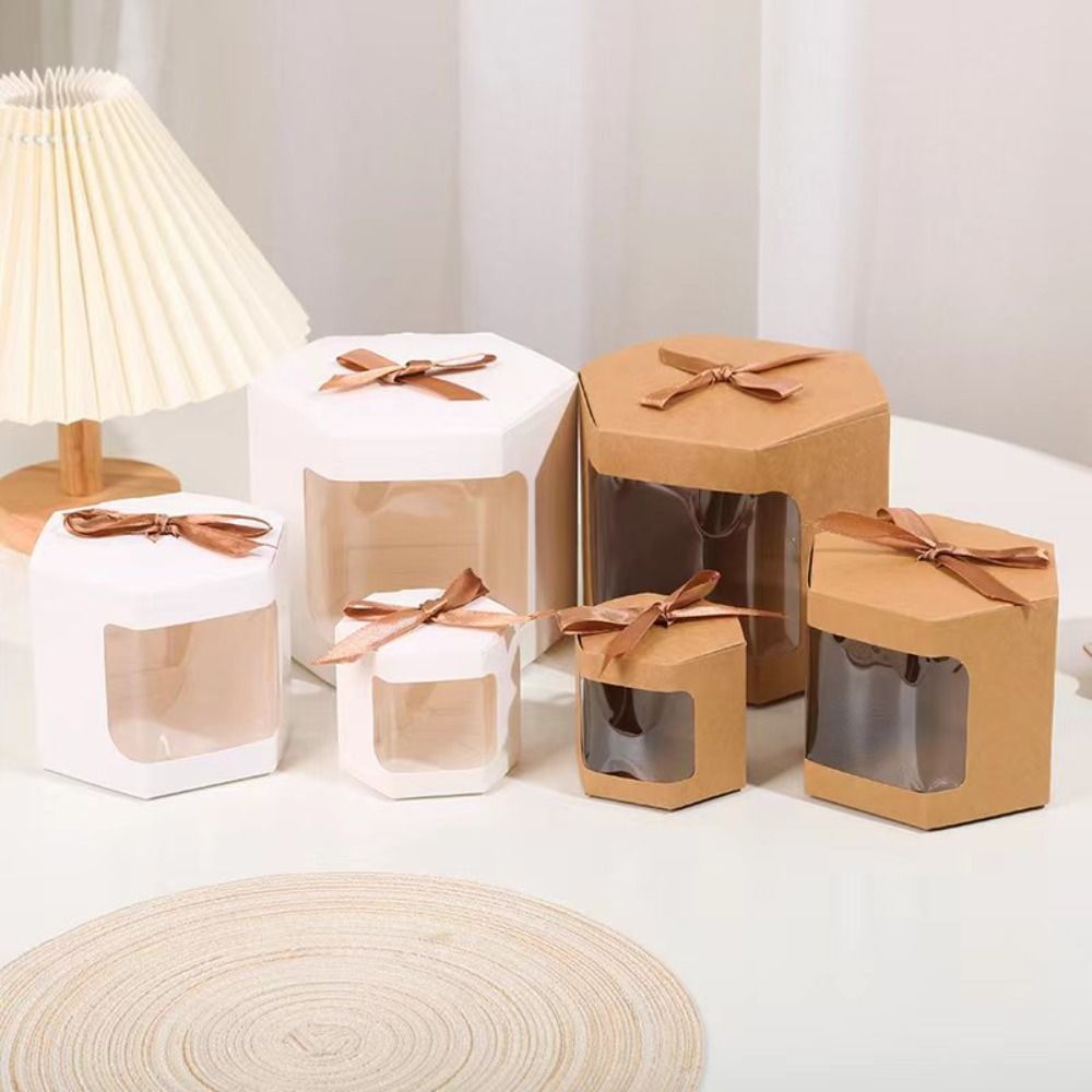 TUNIA 4pcs Giấy kraft Hộp Kẹo cửa sổ Có ruy băng Quà Tặng cầm tay Hộp giấy gấp Hộp đóng gói bánh quy Trong suốt Hộp bánh hình lục giác Đám cưới