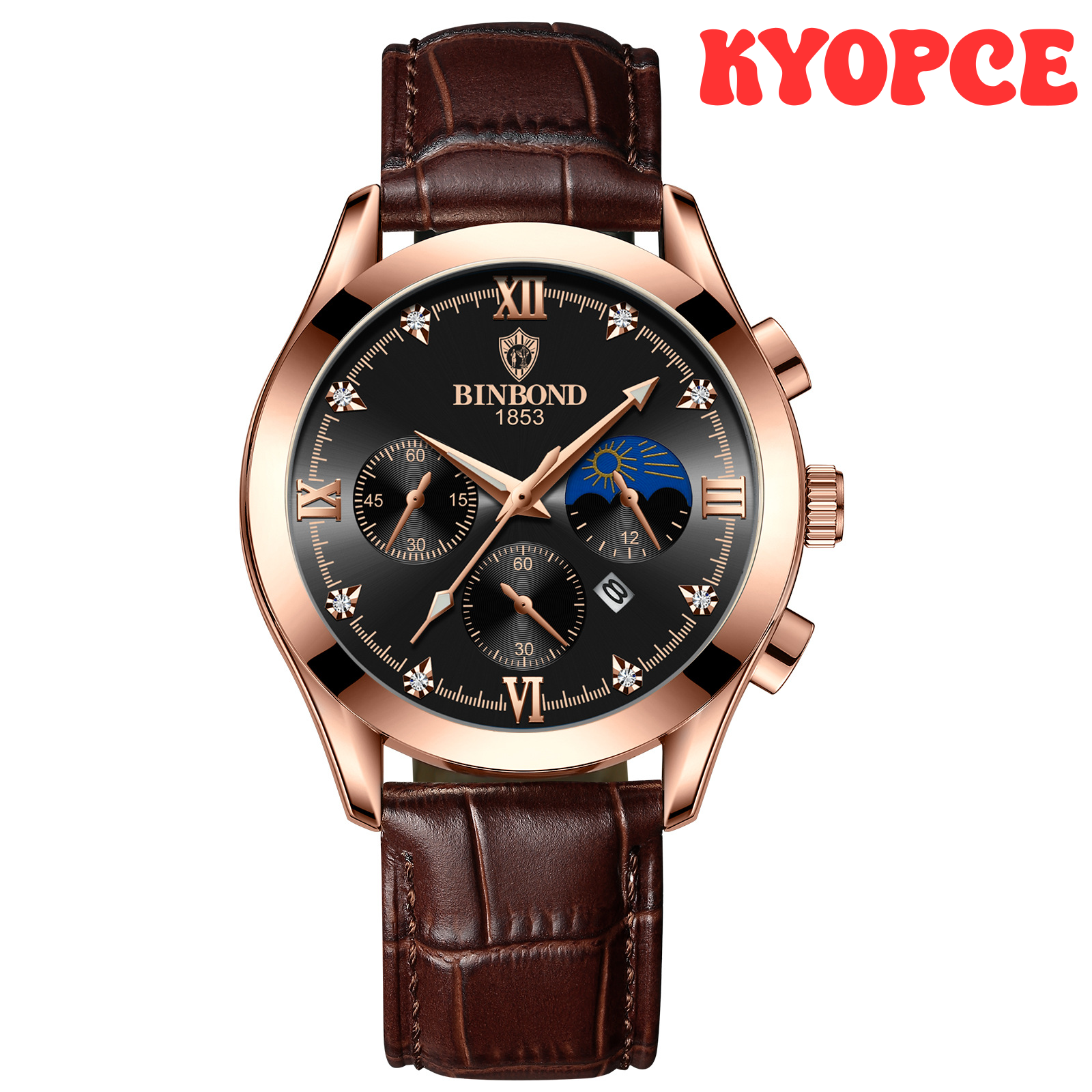 [Kyopce] Đồng hồ nam thạch anh chống thấm nước 2023 Binbond dây đeo da đồng hồ mặt số kim cương kim dạ quang đồng hồ nam doanh nhân sang trọng thời trang