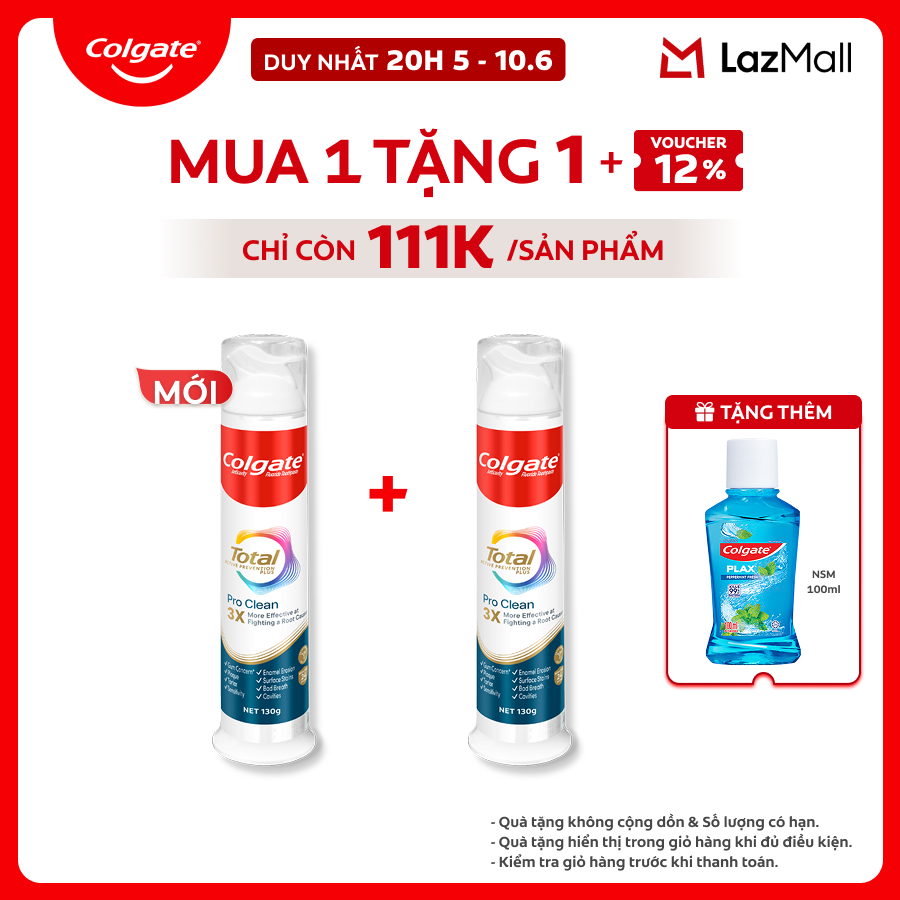 [Chỉ 20H 5-10.6_Voucher 12%] [MỚI] Kem đánh răng Colgate vòi nhấn thông minh Total Pro Clean, khóa chân không hạn chế tiếp xúc vi khuẩn 130g/ ống