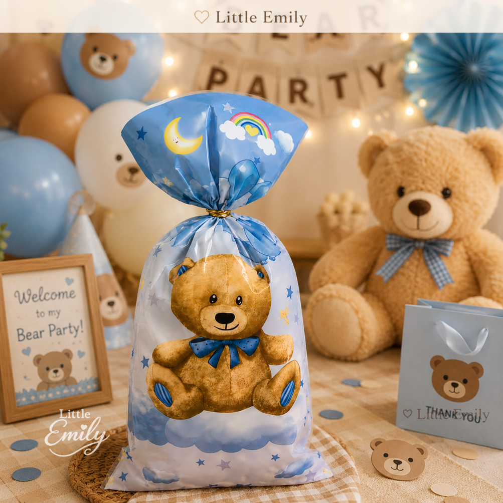 FP1989 (50PCS) Teddy Bear 12X27 CM Blue Plastic Goodie Bags Party Candy Packaging Loot Bag Tie