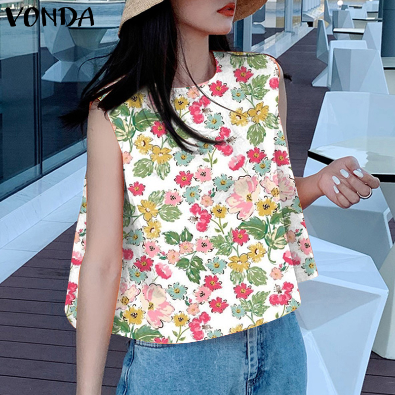 Vonda Áo Vest Nữ đi nghỉ mát mùa hè không tay áo ba lỗ cổ tròn in hoa chữ A thường ngày Hàn Quốc