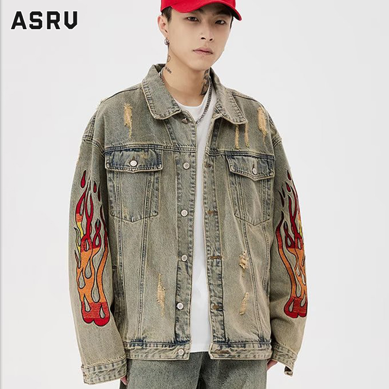 ASRV Men s denim jacket loose embroidered American youth top jacket