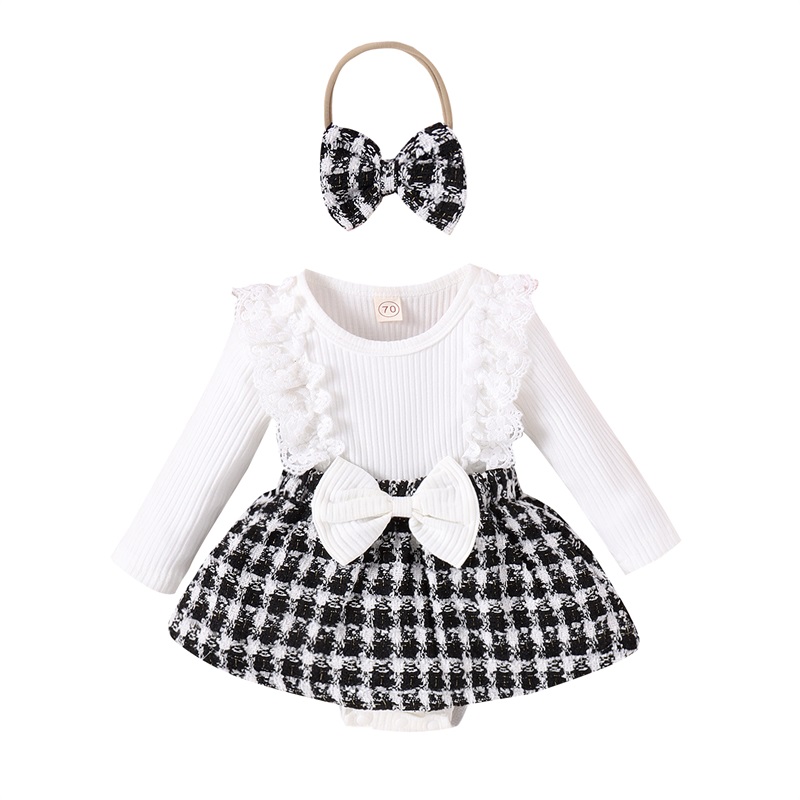 ANFUTON Infant Girl Rompers Dress Lace Ruffles Rib Knit Houndstooth Skirt