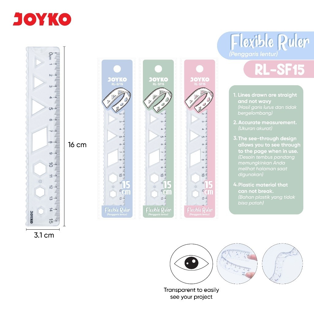 (1pc) JOYKO Penggaris Lentur Flexible Ruler RL-SF15~20