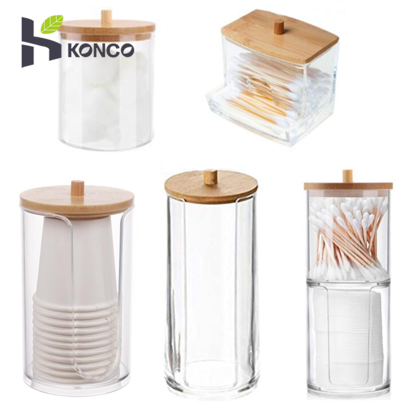 Konco Acrylic Storage Box Bathroom Cotton swab storage box with Bamboo Lid Makeup cotton Organizer Cotton Round Pad Holder Cotton Swab Box Holder Dispenser ราคา 99 บาท*ส่งฟรี