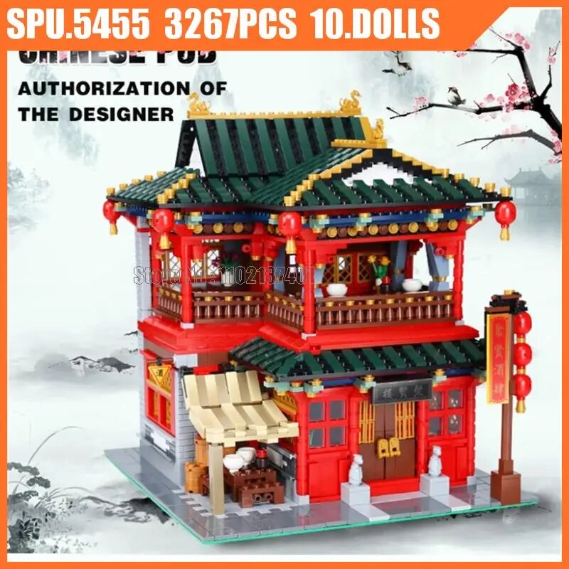 Compatible with LEGO Xb01002 3267 miếng sáng tạo đường phố xem kiến trúc Trung Quốc quán rượu Chinat