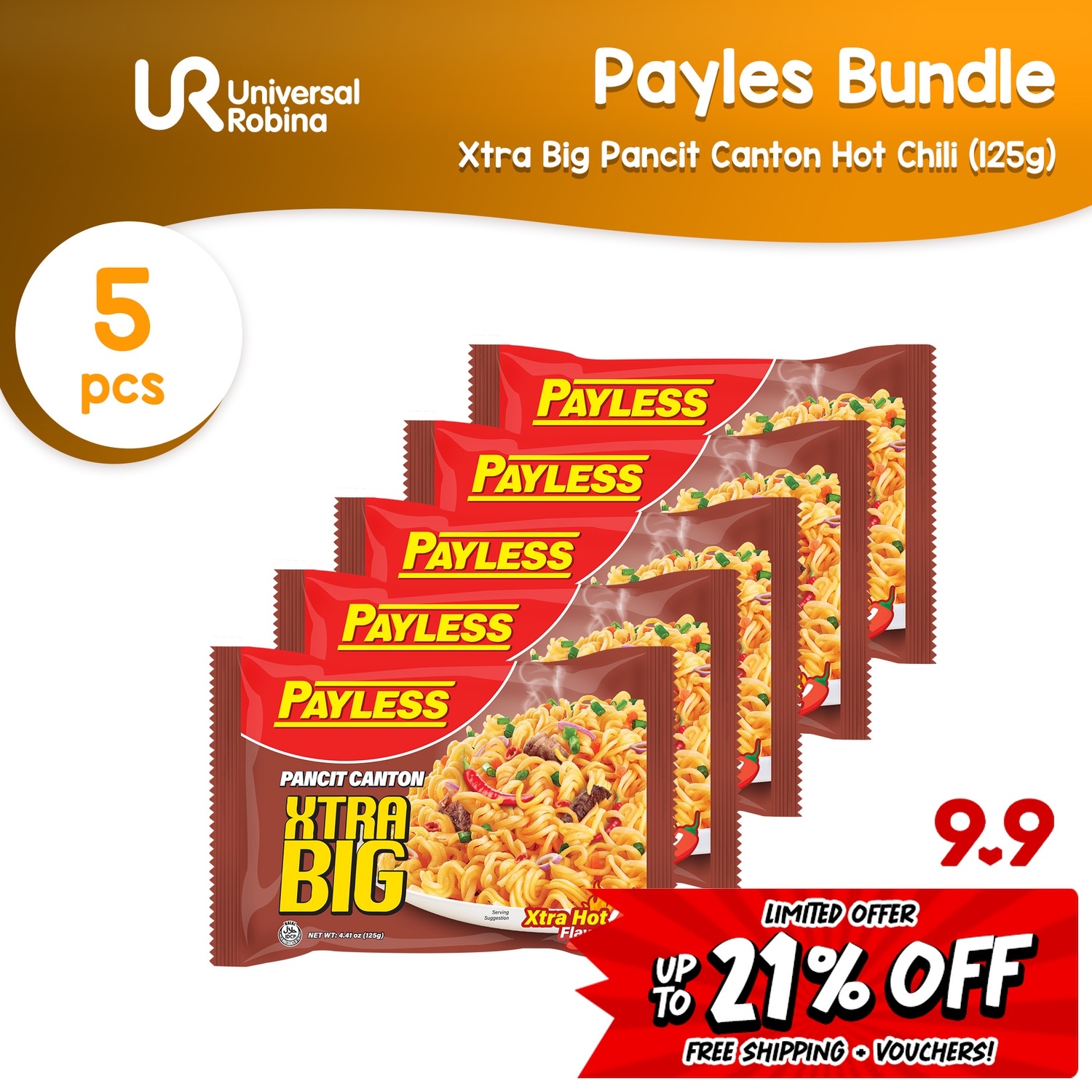 5 x Payless Xtra Big Pancit Canton Hot Chili