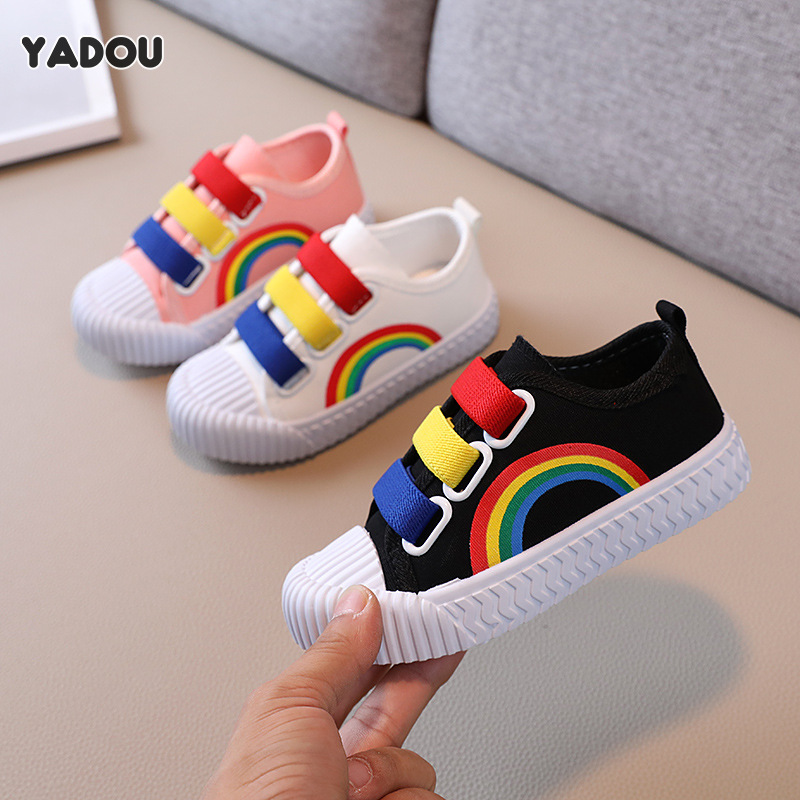 YADOU Children s canvas shoes, girls white shoes, rainbow single shoes