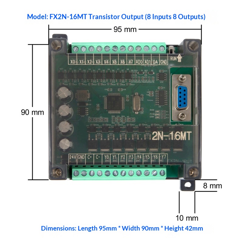 Board Mạch PLC Mitsubishi HH FX2N 10MT/MR - 32MT/MR AD/DA-232 HH2N  tải chương trình RS232 DB9 nguồn điện 24V GX-Works2 - FX2N-16MT Có Vỏ