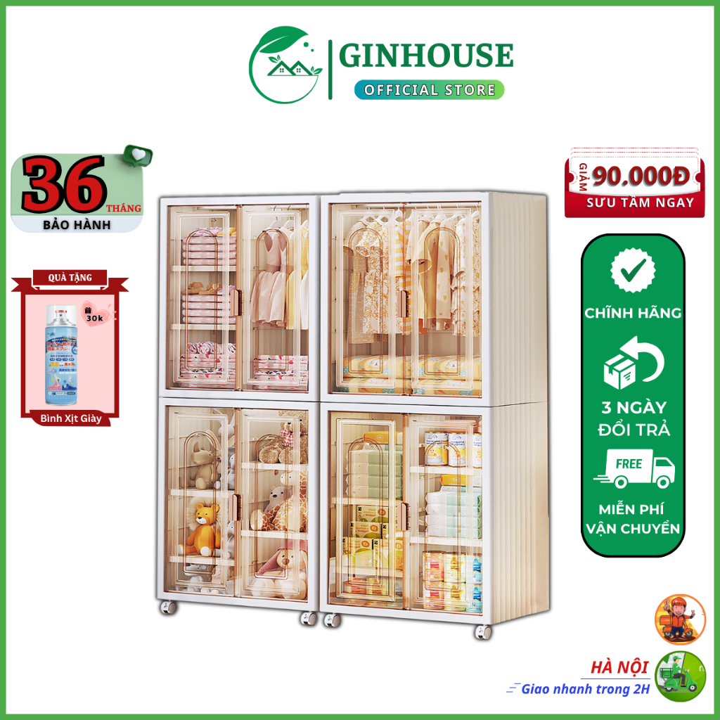 Tủ quần áo gấp gọn cho bé Ginhouse 6 ngăn W2-6 chất liệu nhựa PP bền bỉ có bánh xe, Tủ quần áo mini 