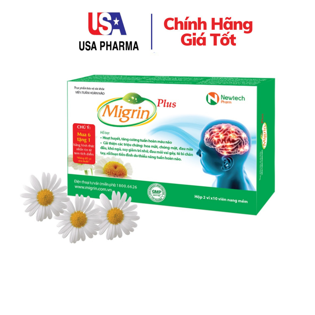 Viên Uống Migrin Plus Giúp giảm đau nửa đầu, hoạt huyết dưỡng não - Hộp 20 Viên