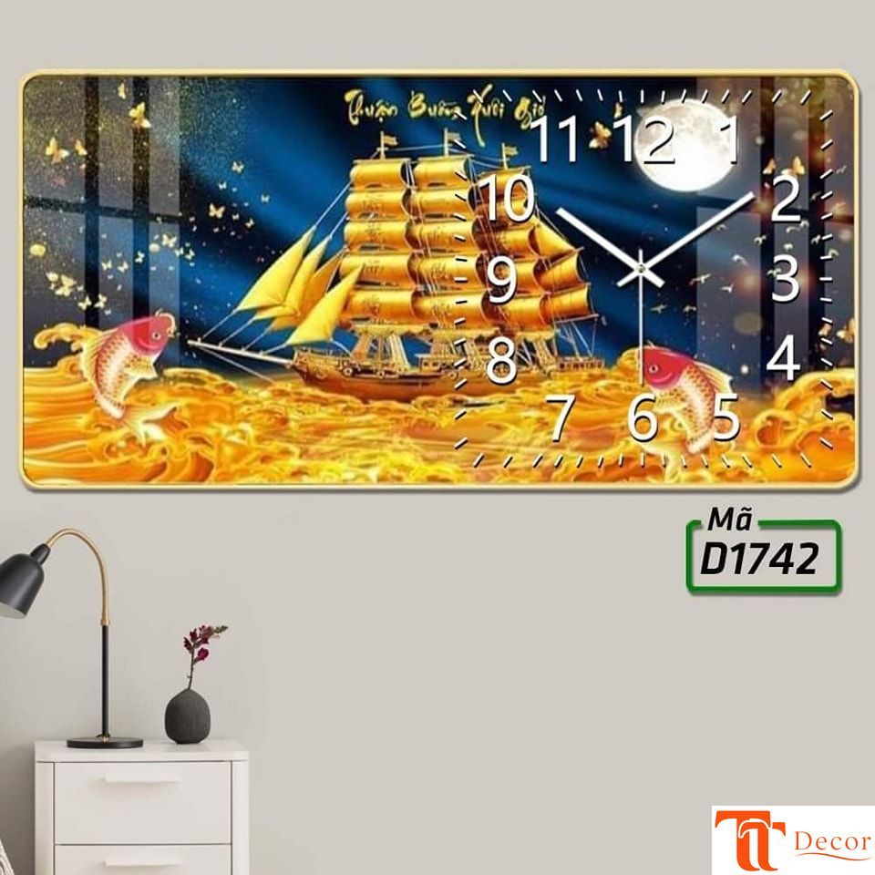 Tranh Đồng Hồ Tráng Gương Thuận Buồm Xuôi Gió Thuyền Vàng Nai Vàng TT Decor- DH32- In UV Cao Cấp