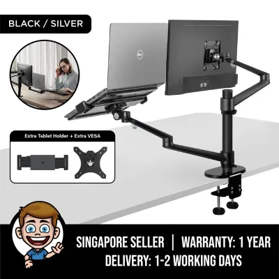 Monitor and Laptop Mount, 2-in-1 Adjustable Dual Monitor Arm Desk Mounts，Single Desk Arm Stand/Holder for 17 to 32 Inch LCD Computer Screens, Extra Tray Fits 12 to 17 inch Laptops - Black / Silver