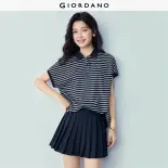 GIORDANO Women Polo Shirts 100% Cotton Contrast Striped Polo Shirts Short Dolman Sleeve Fashionable Casual Polo Shirts 13316219