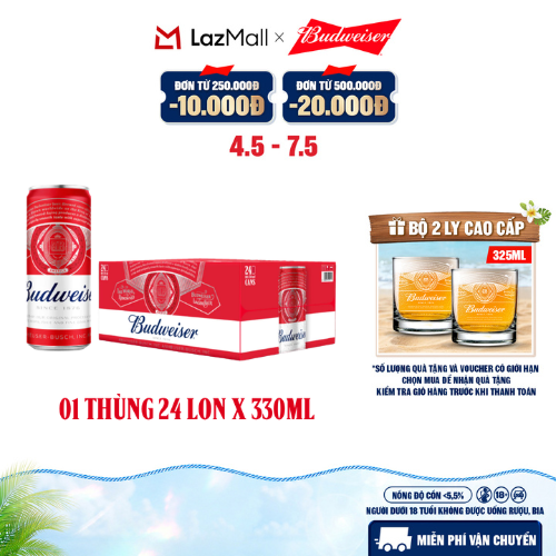 Thùng 24 Lon Bia Budweiser Sleek Can Chính Hãng (330ml/lon)