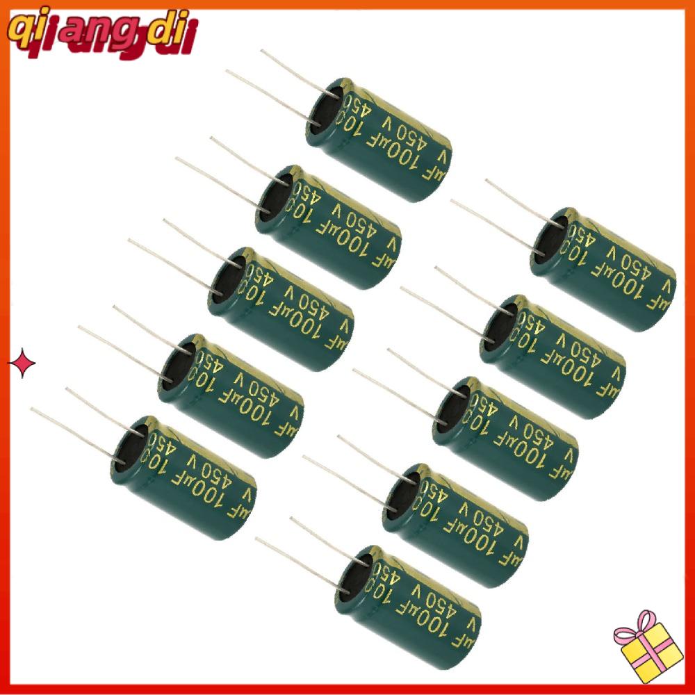 QIANGDI 10PCS 100UF Tụ điện Màu xanh lá 450V Tụ điện Radial Bền bỉ Tụ điện điện phân nhôm Dự án tự làm