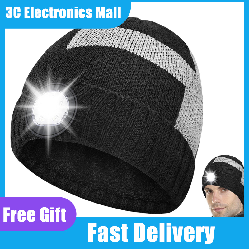 Warm Knitted Hat With Led Lamp Fashion Contrast Color Beanie Hat