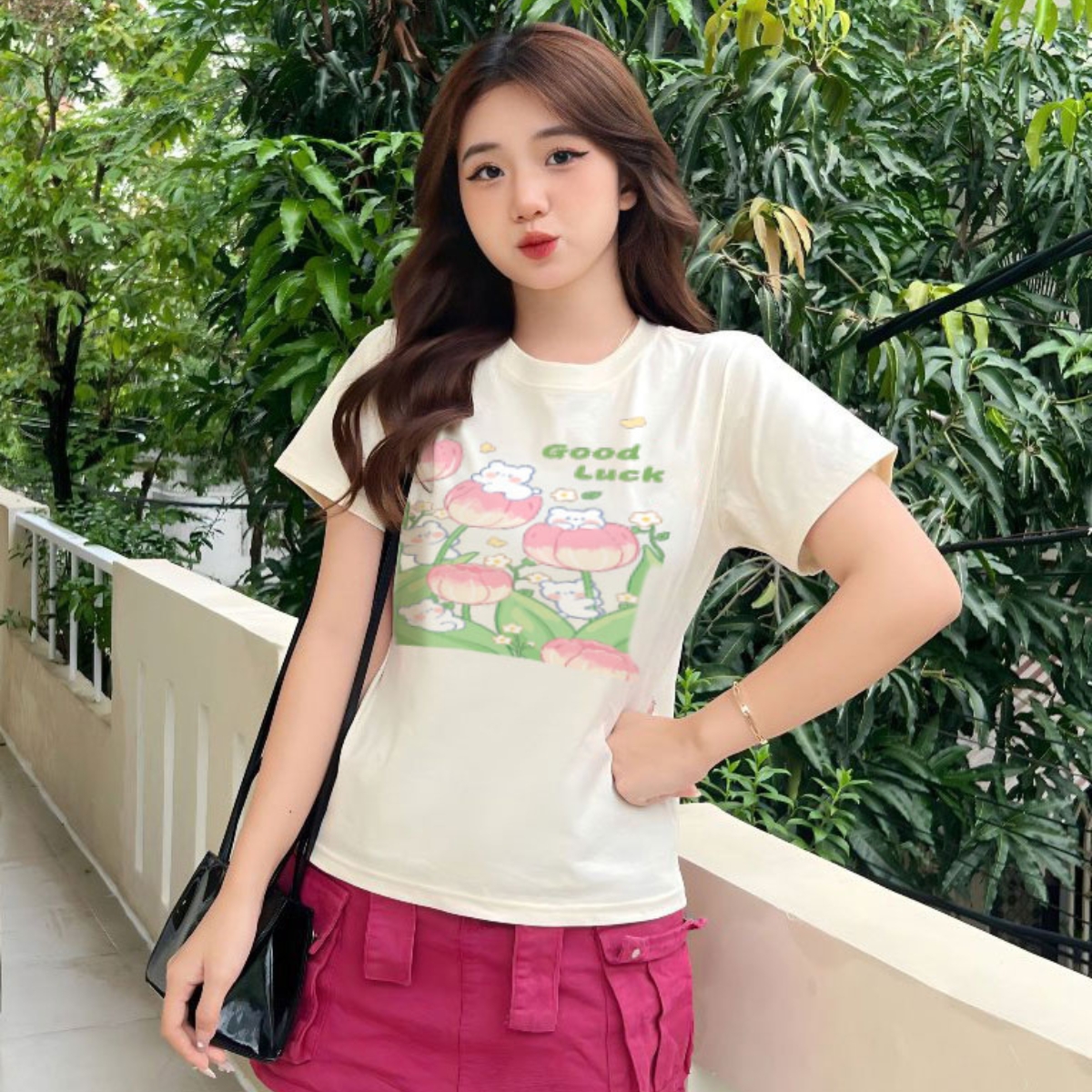Áo thun baby tee pinkstore29 in hình hoa good luck a51017