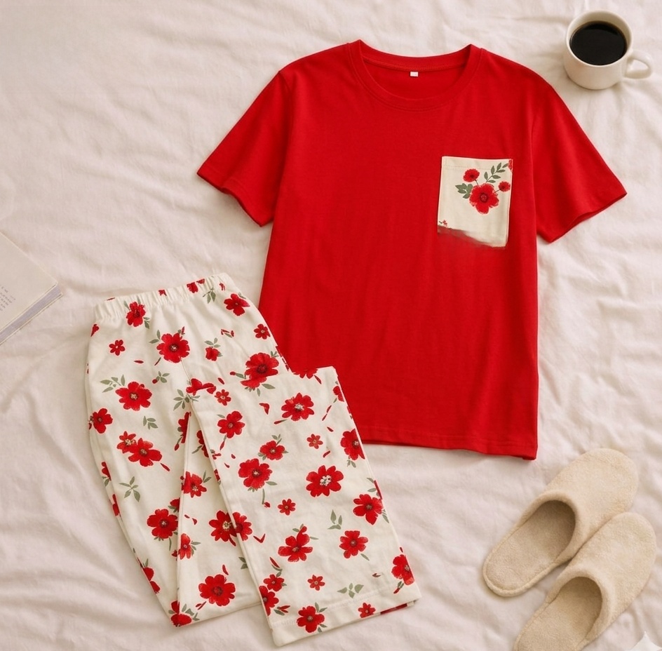 Red Pocket Printed T-Shirt & Floral Printed Trousers - Premium 2-Piece Night Dress for Women & Kids – Soft Cotton Jersey Night Suit Set – Loungewear – Casual Summer PJs Sleeping Suit Available Sizes Adult S to XL, Kids 7-14 Years Siddiqui's Store 01