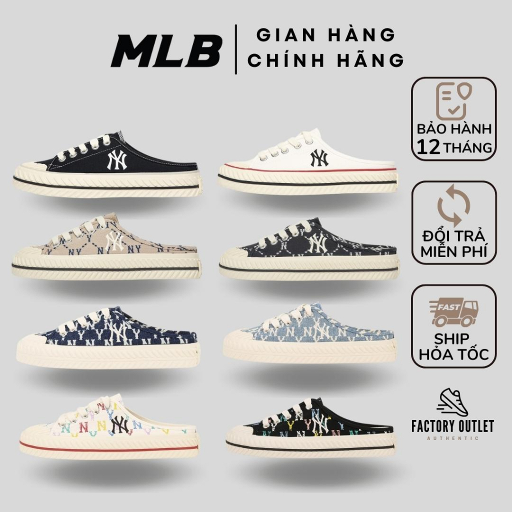 AA18-[CHÍNH HÃNG] Giày MLB Mule Chính hãng, Giày sục đạp gót MLB Logo NY Playball Monogram thời trang nam nữ unisex