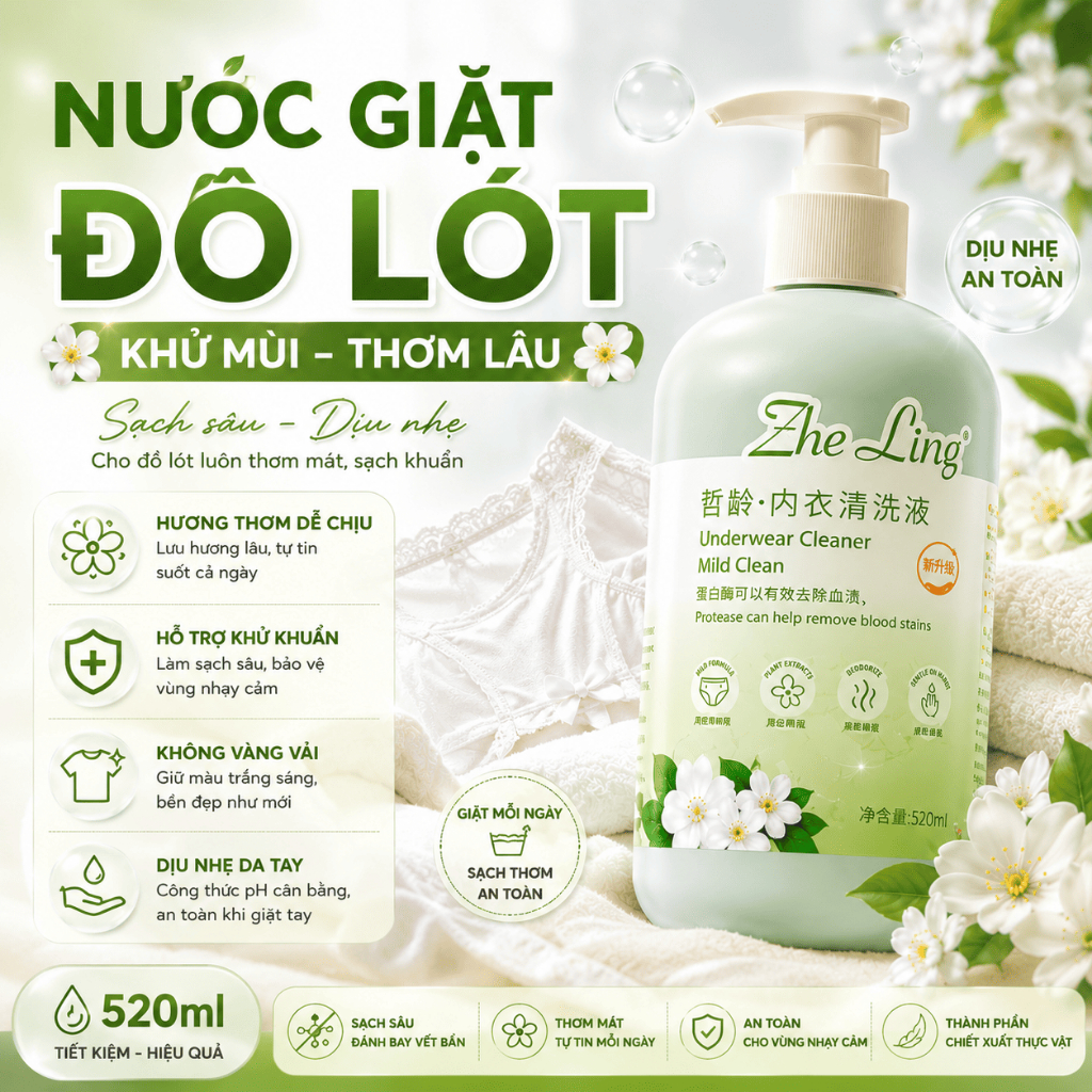 Nước giặt đồ lót sinh học Underwear Cleaner 500ml thành phần thực vật, loại bỏ vết máu , ố vàng, mồ hôi, an toàn cho da