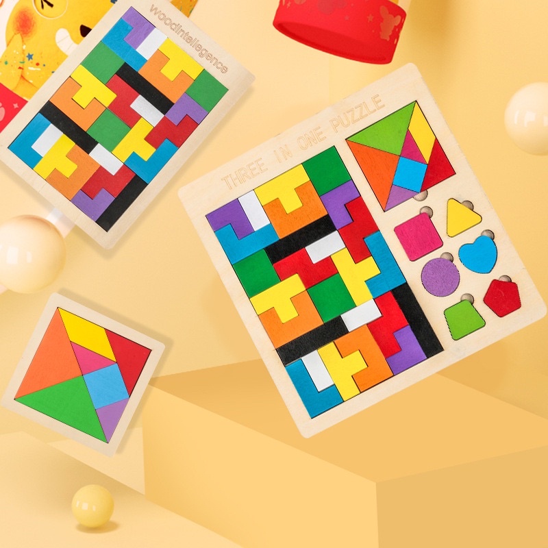 Xếp hình puzzle 3 in 1 Tangram + hinh học + hép hinh Tetris giáo dục sớm