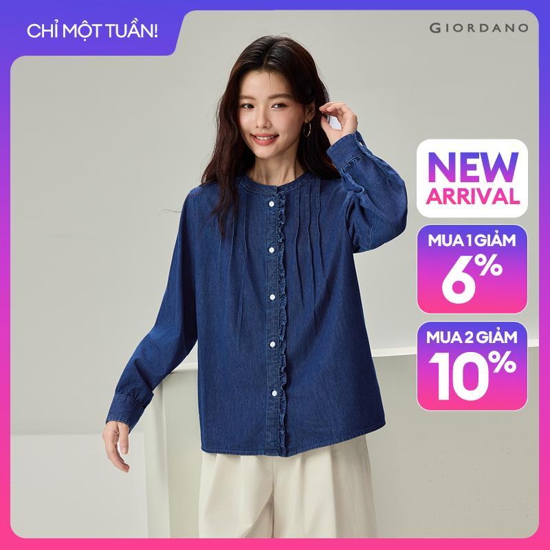 GIORDANO Women Blouses Ruffle Trim Placket Cotton Denim Blouses Round Neck Long Sleeve Fashionable Casual Denim Shirts 13346605