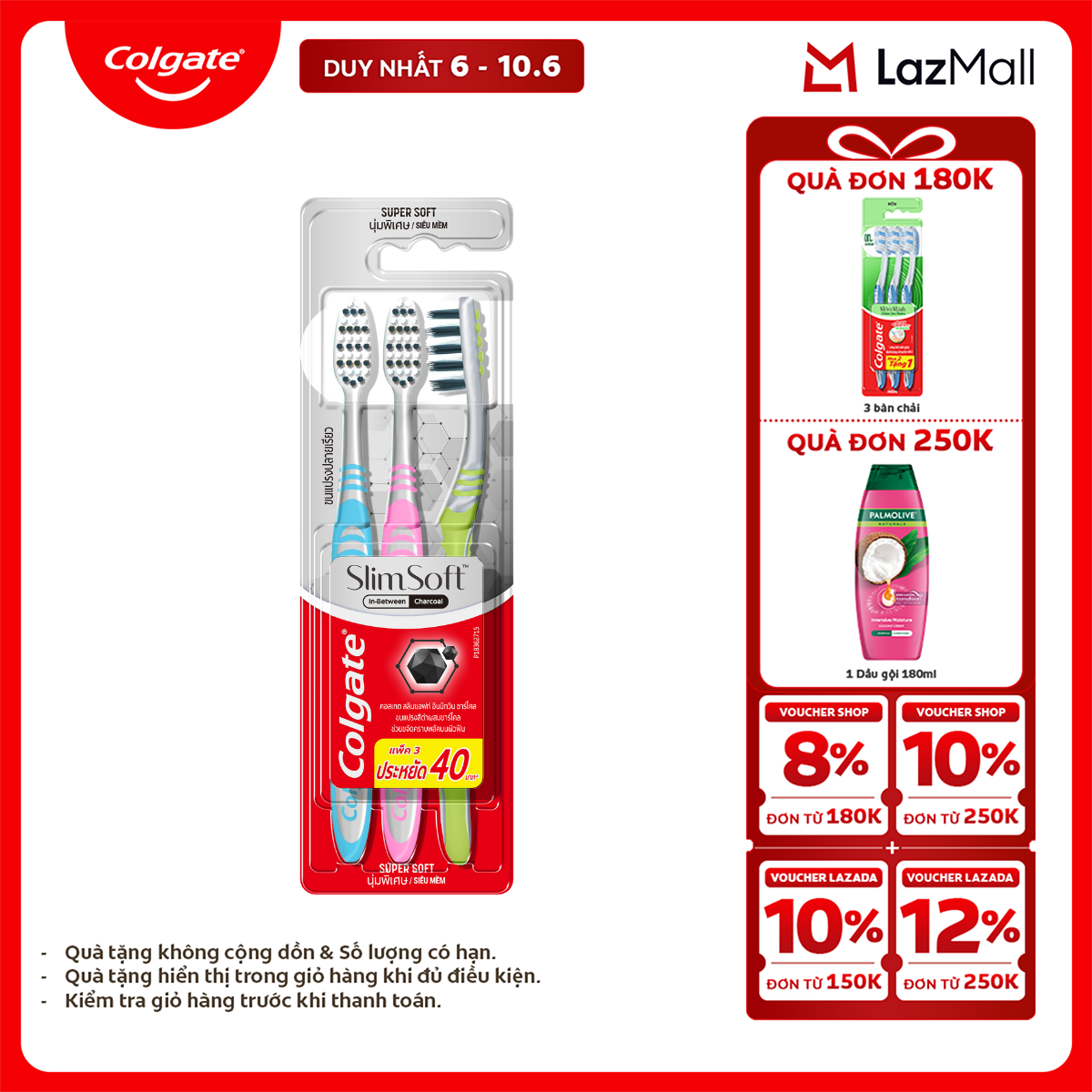 [Chỉ 6-10.6_X2 Voucher giảm 22%] Bàn chải Colgate Slimsoft lông chải mềm mảnh xen sợi phủ than hoạt tính