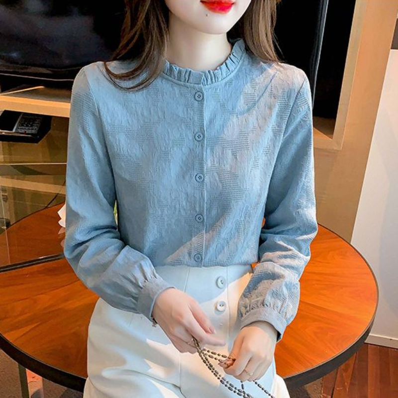 Luxqlo Áo sơ mi nữ thời trang phong cách Hàn Quốc Áo kiểu màu đỏ Kiểu hoài cổ dài tay lỏng áo thanh lịch 2024 mới