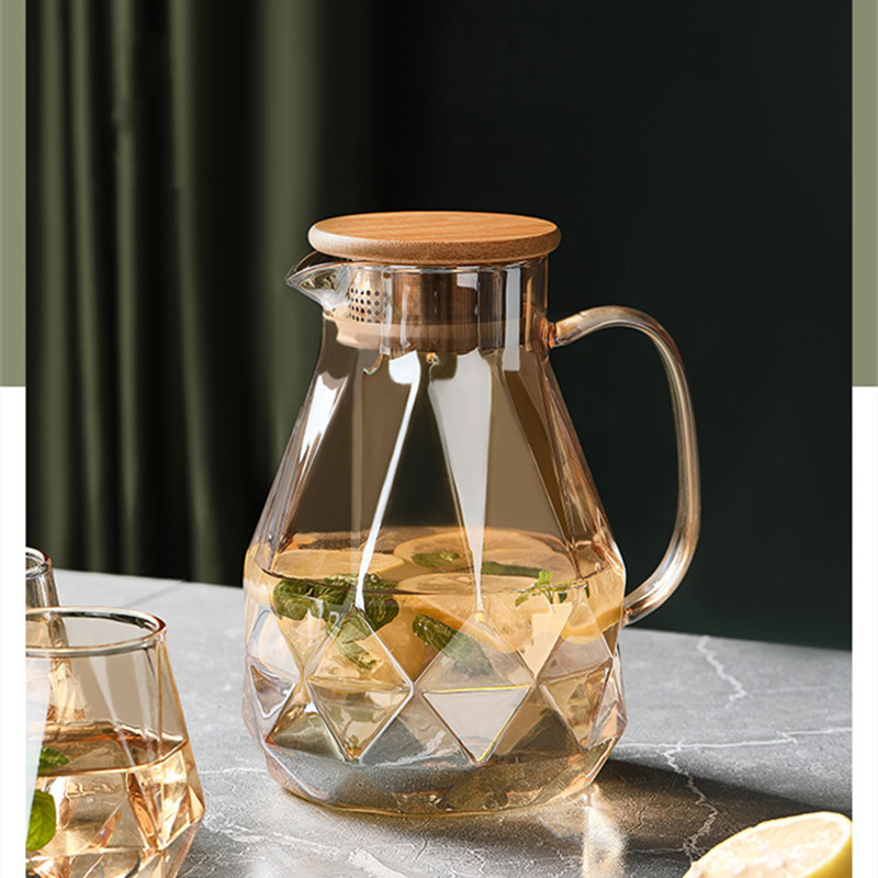 [QQ tiny spot] Bamboo Covered Steel Cover Water Pitcher Household Borosilicate Glass Cold Water Bottle Large Capacity Glass Juice Jug Kettle Kitchen Storage