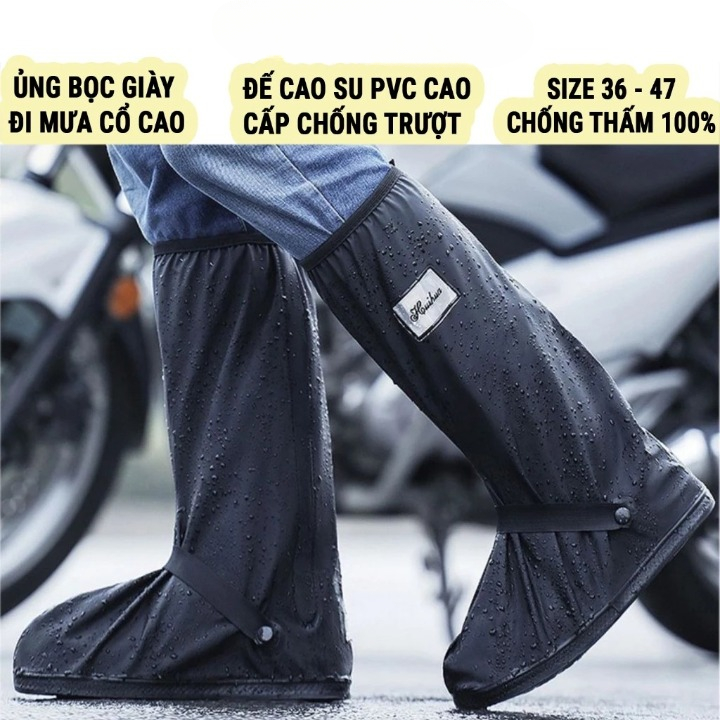 Ủng Đi Mưa, Bọc Giày Đi Mưa Cổ Cao Màu Đen,Đế Cao Su Chống Trơn Trượt Chất Liệu Nhựa PVC