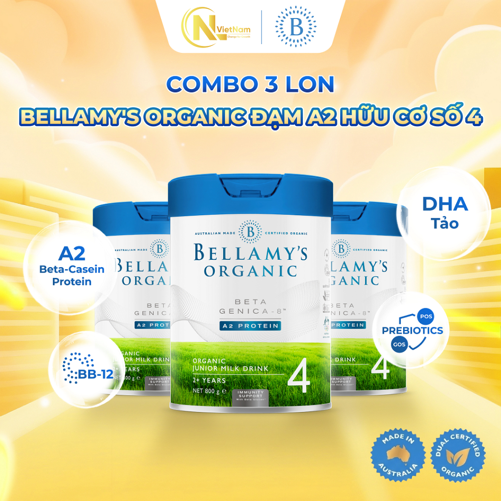 ( Kèm quà) Combo 3 lon Sữa Hữu Cơ Bellamy's Organic A2 Số 4 800g