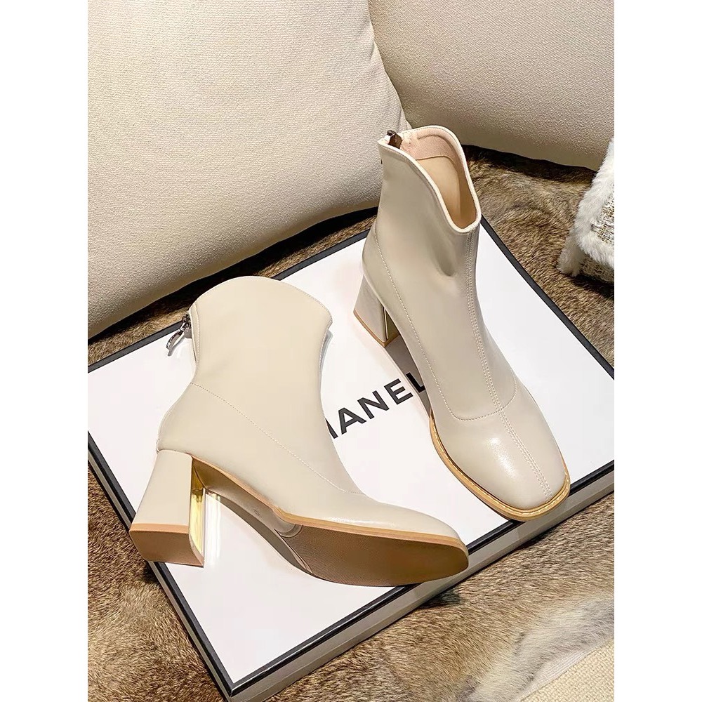 Bốt nữ 7p cổ V  boot da gót vuông da lỳ lót lông cao cấp