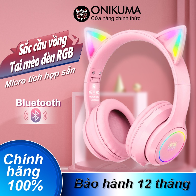 Tai nghe Chụp tai Mèo Không dây Có mic ONIKUMA B90 Màu hồng Bluetooth 5.0