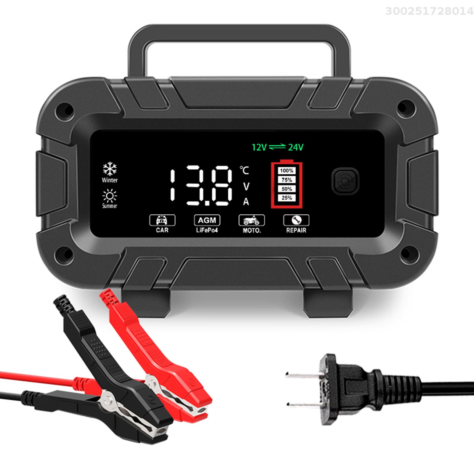 Charger, 12V and 24V Smart Automatic Charger with Large Display Screen, Maintainer for Cars Trucks Motorcycles Lawn Mowers Boats Lead Acid
