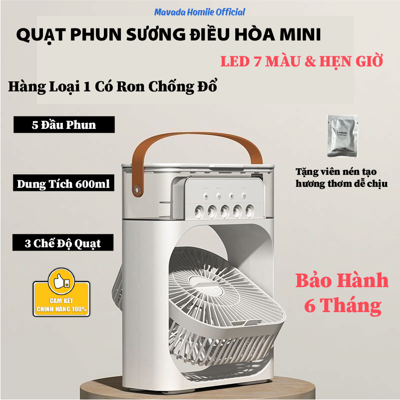 Quạt Điều Hòa Phun Sương Mini,Quạt Làm Mát Bằng Hơi Nước Để Bàn 3 Chế Độ Tích Hợp Đèn Led 7 Màu ,Tặng Kèm Viên Nén