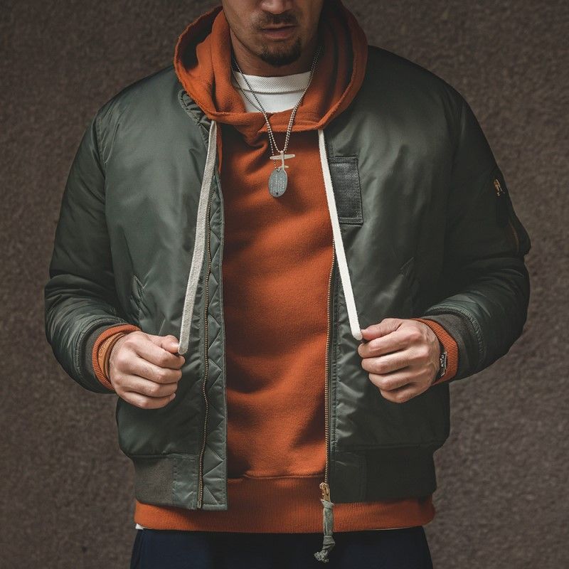Madden Workwear   American R Army Green MA-1 Short Flight Jacket Warm Thick Cotton Coat for Men Trendy · v4