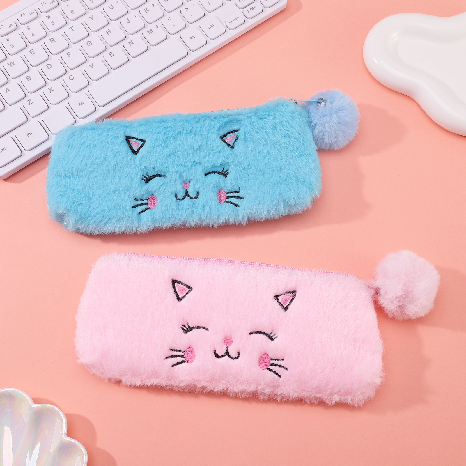 1pc Cute Cat Plush Pencil Pouch Girls Pencil Bag Kawaii Stationery