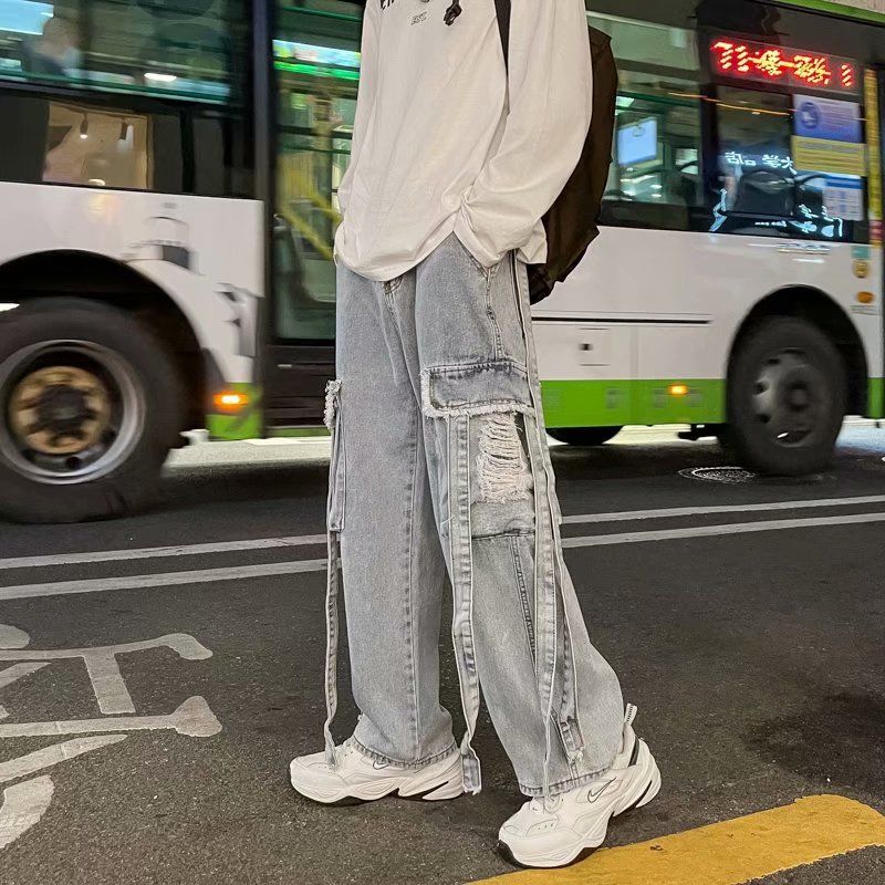 Yushu Áo Dài Quần jeans nam xu hướng nhãn hiệu thời trang lỏng lẻo giản dị Streamer chức năng lỗ mùa thu lau quần bố