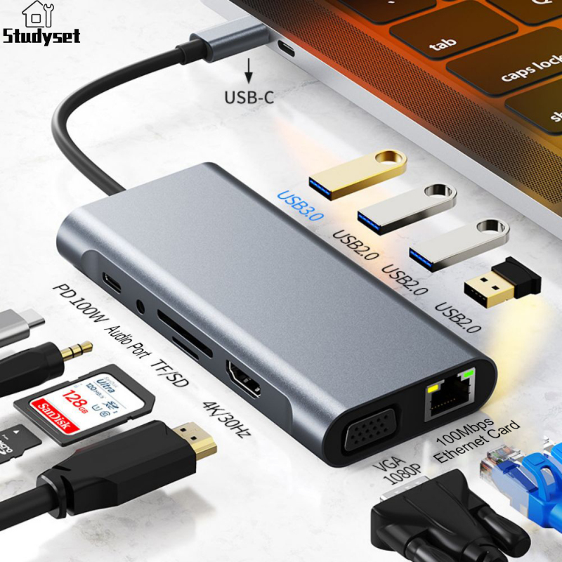 Studyset Multiport USB C Hub 11 In 1 Type C Hub Splitter 5Gbps High Speed Transmission For Laptop PC Printer Flash Drive Mobile Devices ราคา 623 บาท*ส่งฟรี