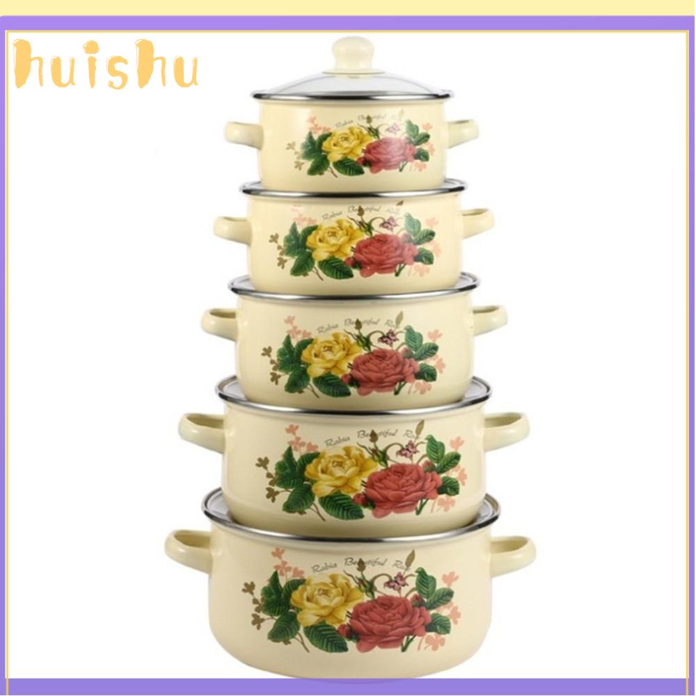 HUISHU 3pcs 16/18/20cm. Nồi men Có thể nhìn thấy có nắp Bộ dụng cụ nấu ăn Dày hơn Đa năng Dụng cụ nấu ăn Bếp từ gas