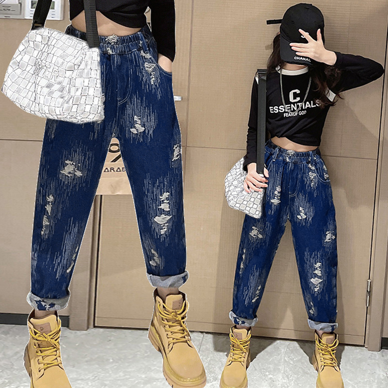 IENENS Teen Jeans Girl Casual Loose Long Pants Spring and Autumn Korean Soft Jeans Fashion Kids Denim Trousers