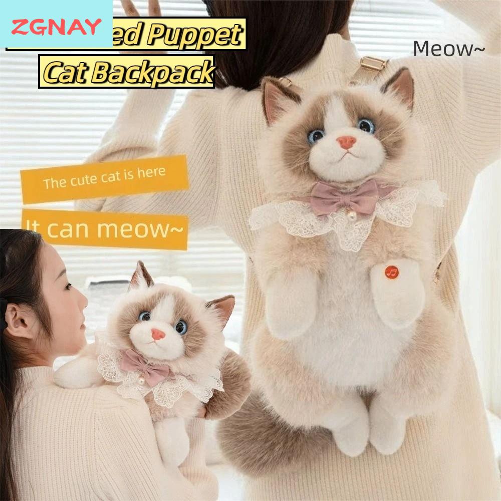 ZGNAY STUDIO Đồ chơi nhồi bông Ba lô mèo giả lập Siêu thực tế Dễ thương Túi nhồi bông hình thú Mầm non Phim hoạt hình Túi xách mèo bông mềm mại Bé trai Bé gái