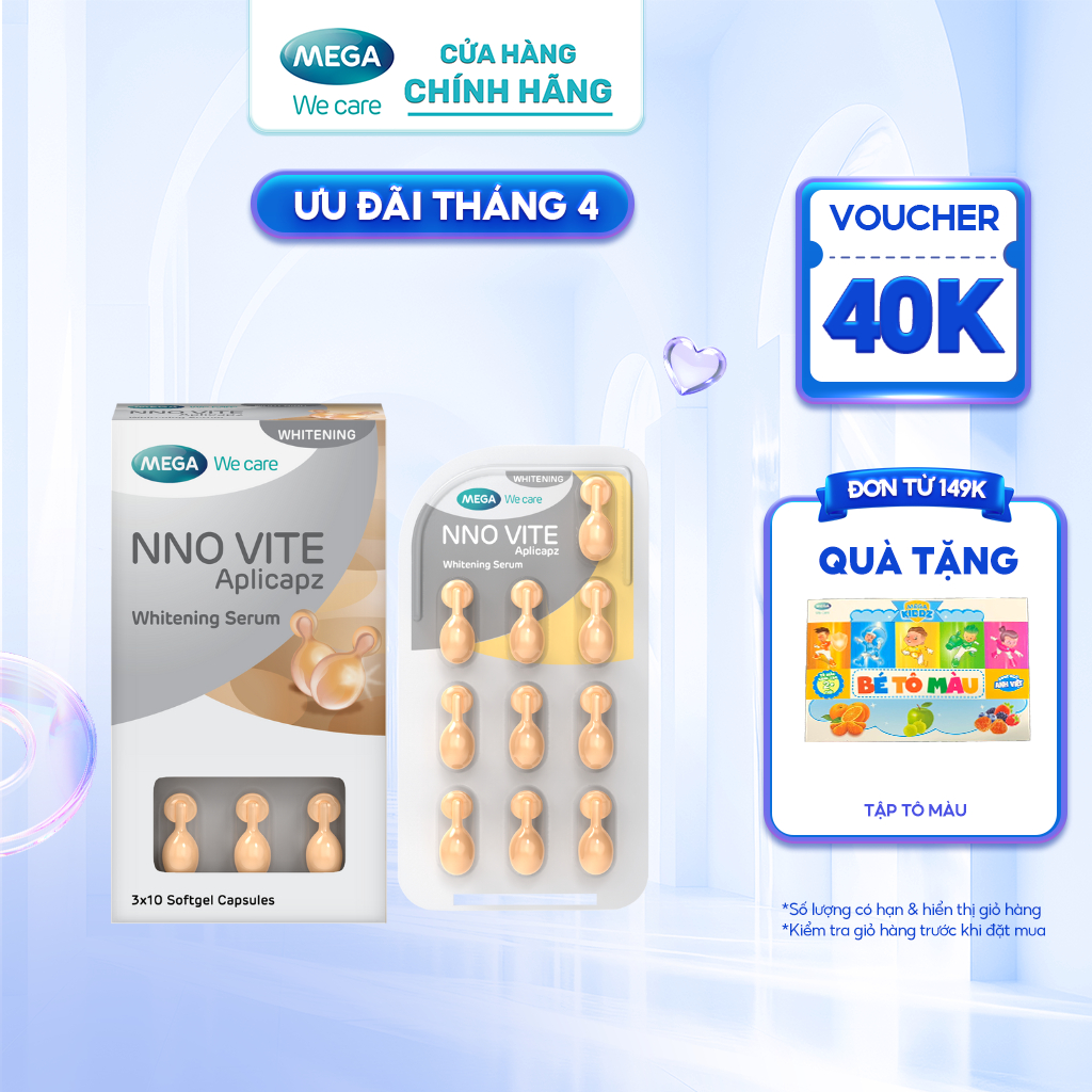 Serum dưỡng trắng da, mờ đốm nâu, đều màu da - Vitamin C, Vitamin E, Bisabolol - NNO VITE Mega We Care (30 viên)